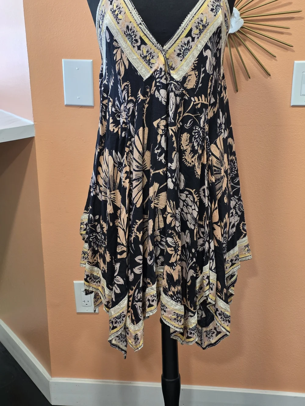 Free People Bali Seashell Scarf Print Dress Black and Blush Floral Mini Dress
